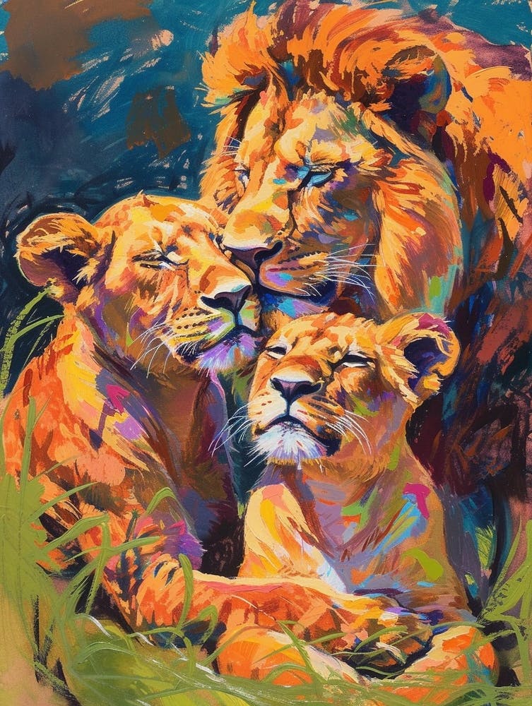 Southwest African Lion Family Bonding Fauvist Painting 2