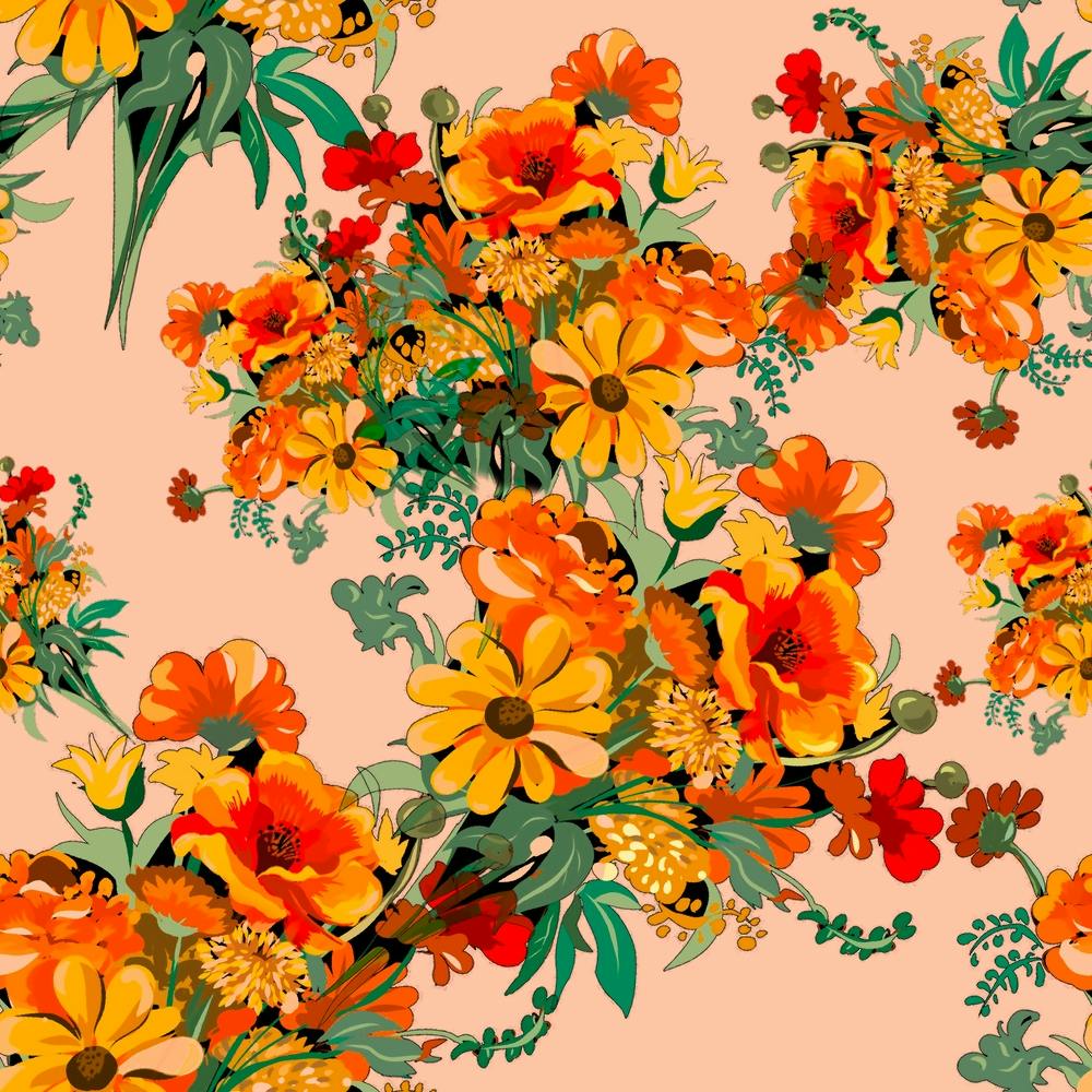 70er Jahre Blumen Rosa und Orange auf Puderrosa Quadrat