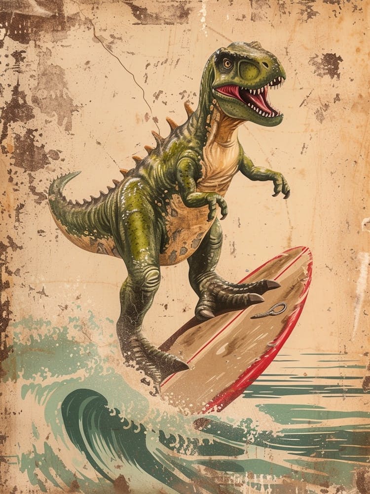 Vintage Tyrannosaurus Dinosaur On A Surf Board  3
