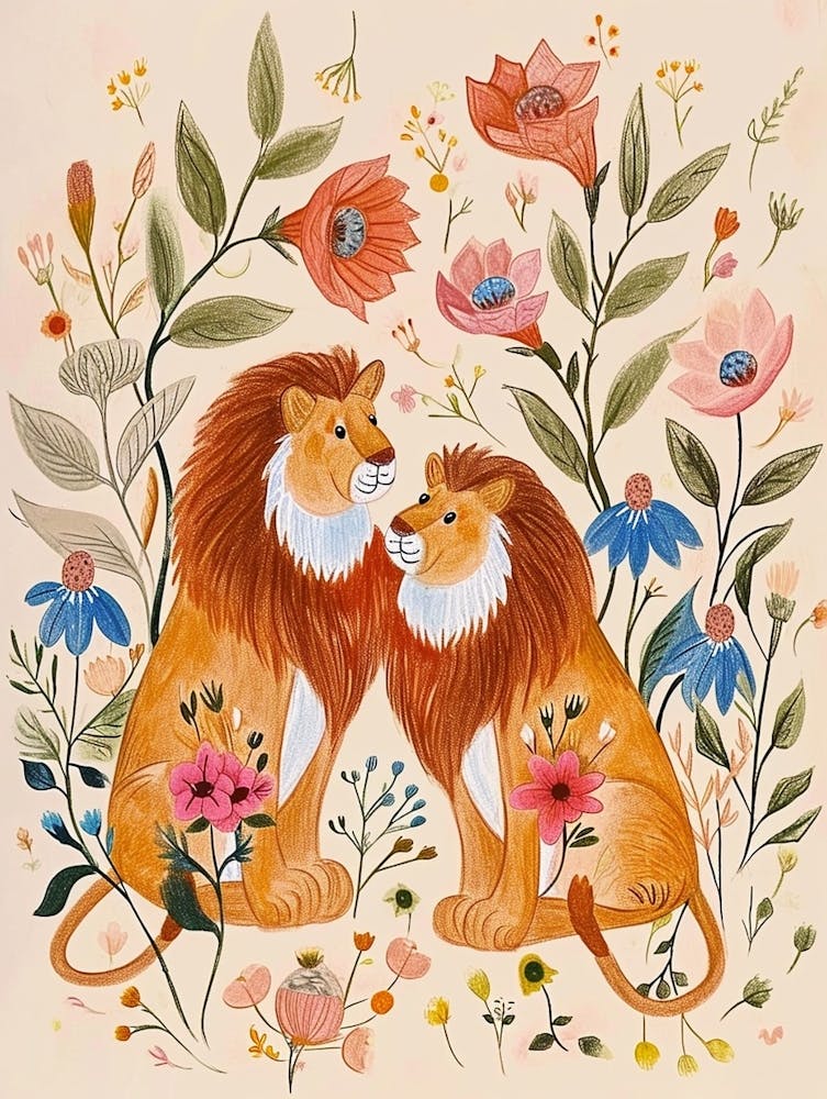 Folksy Floral Animal Drawing Lion 4