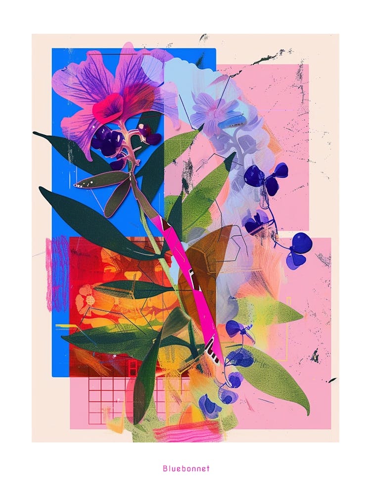 Bluebonnet 5 Neon Flower Collage Poster
