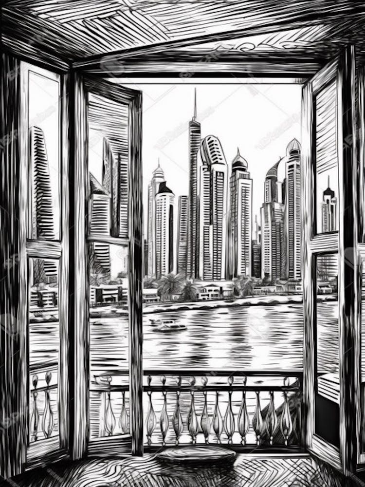 Window View Of Dubai United Arab Emirates   Black And White Colouring Pages Line Art 3