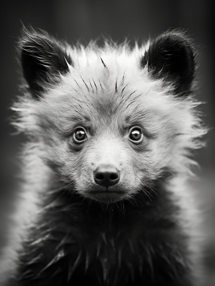 Black And White Photograph Of A Bear Cub