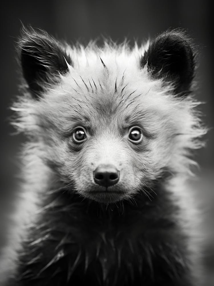 Black And White Photograph Of A Bear Cub