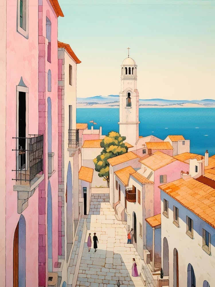 Zadar Croatia 2 Vintage Pink Travel Illustration