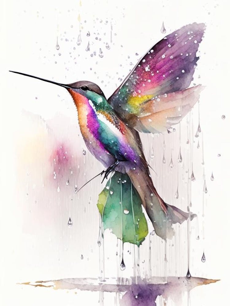 Hummingbird In Rain Cute Neon