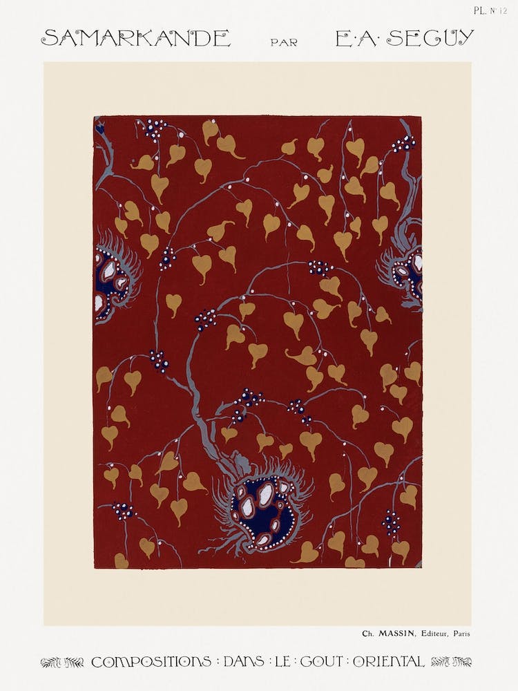 Art Nouveau Flower Pattern Pochoir Print In Oriental Style, Eugène Séguy