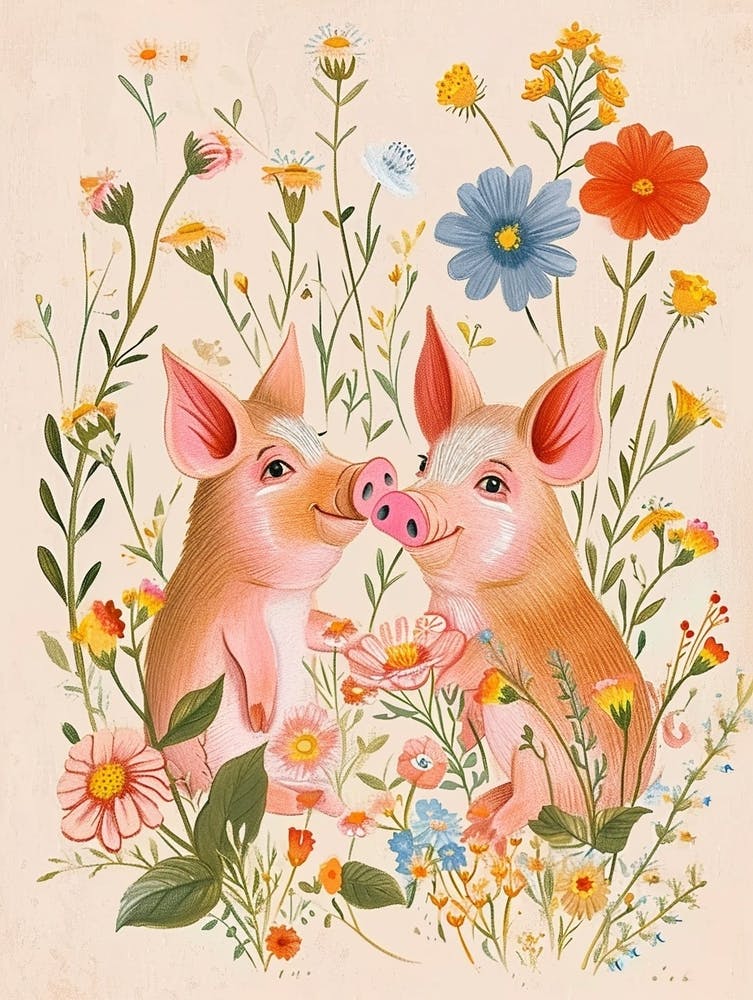 Folksy Floral Animal Drawing Pig