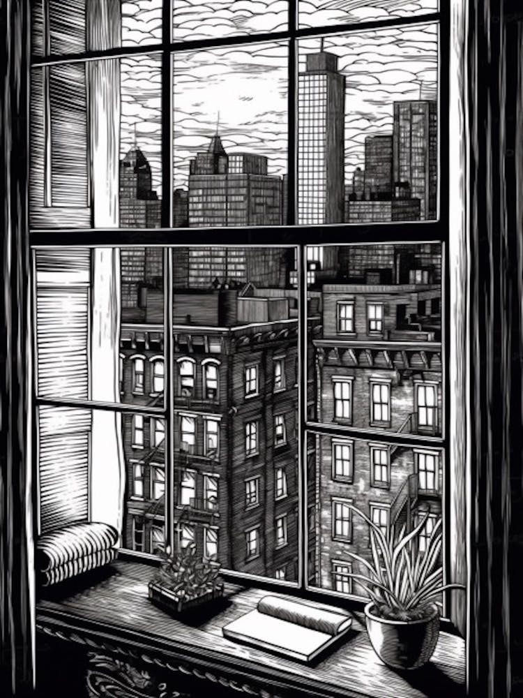 A Window View Of New York In The Style Of Black And White  Line Art 4