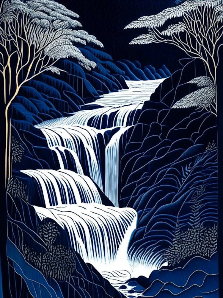 Waterfall Waterscape Linocut 1