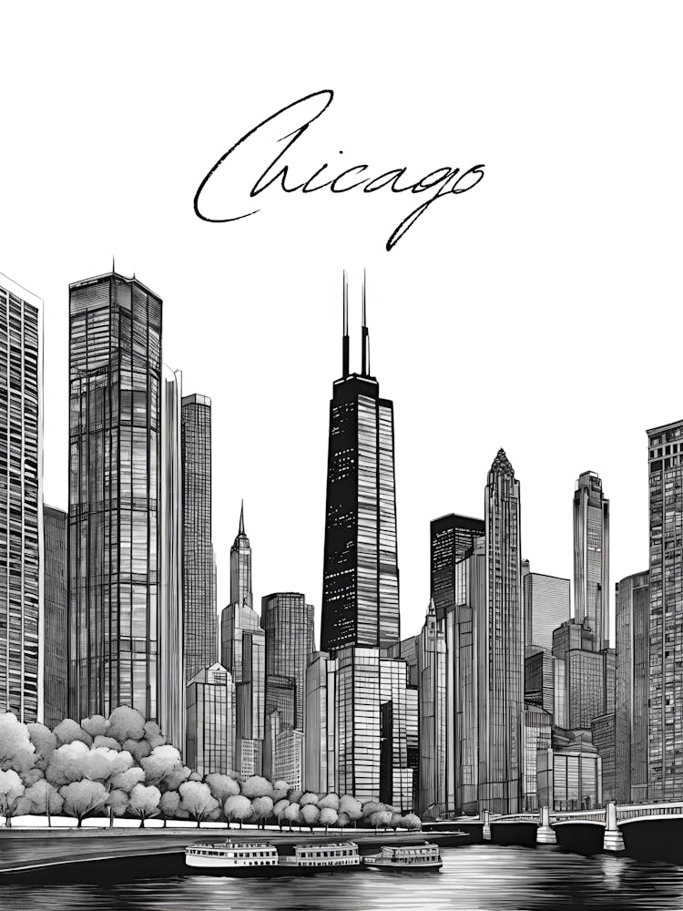 Chicago Skyline, Black And White Illustration