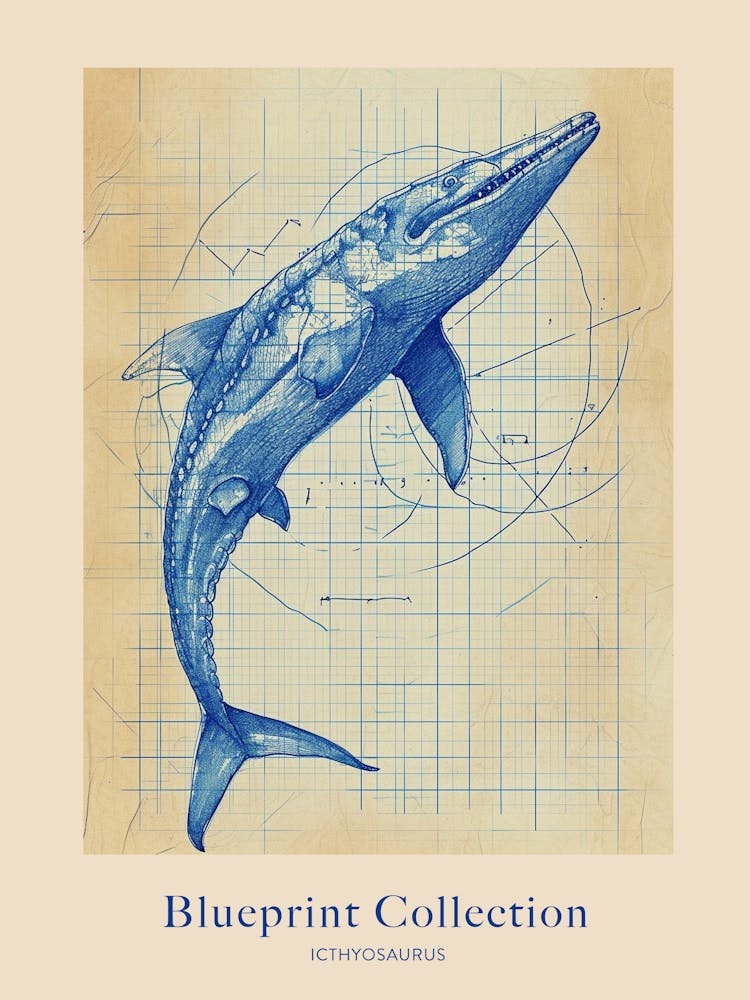 Icthyosaurus Dinosaur Blue Print Sketch 1 Poster