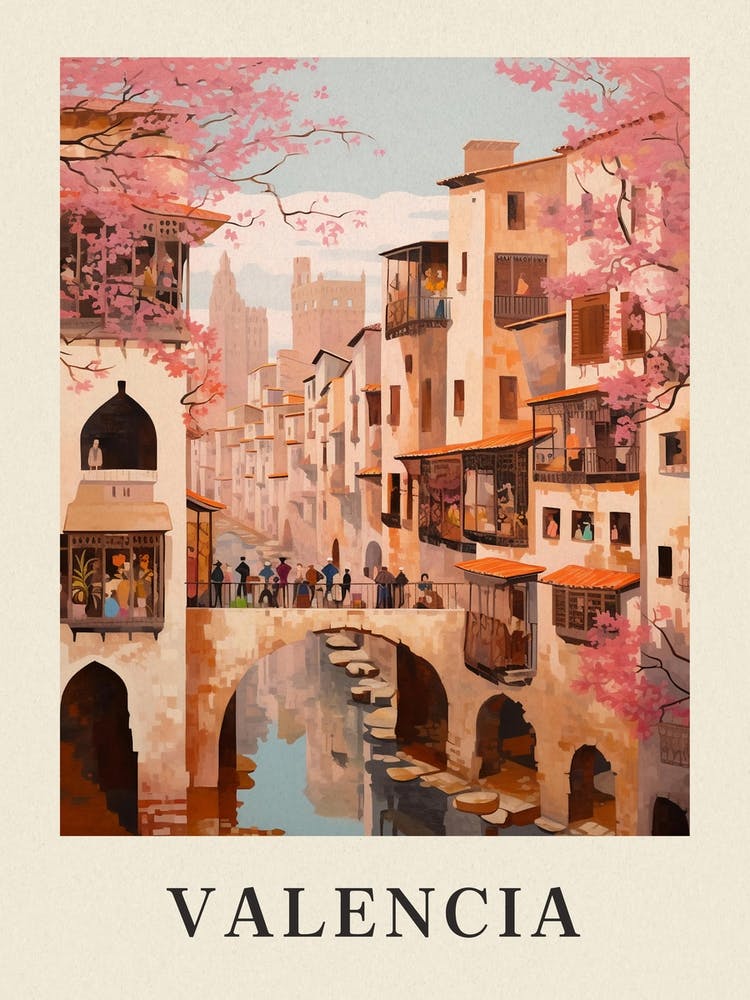Valencia Spain 7 Vintage Pink Travel Illustration Poster