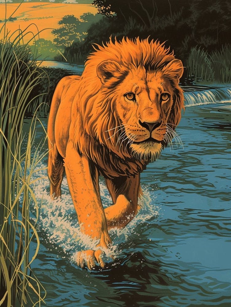 African Lion Relief Illustration Crossing A River 3