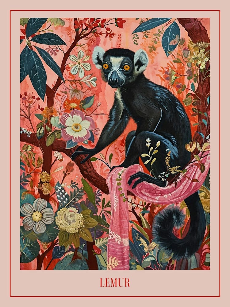 Floral Animal Painting Lemur 4 Poster