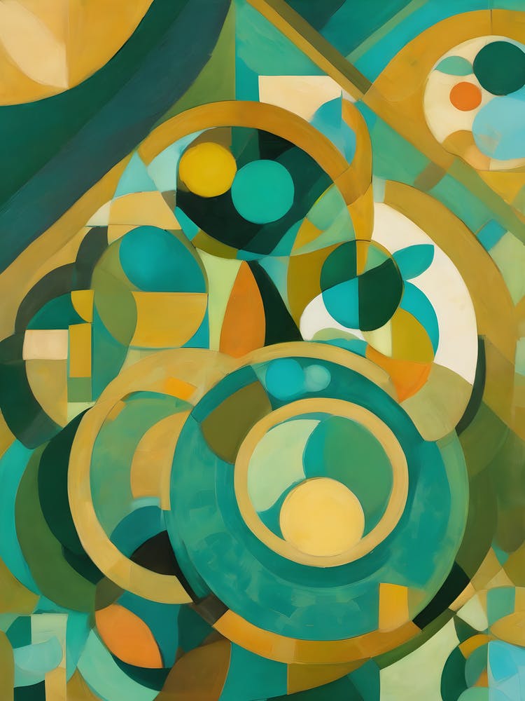 Fanatic - Abstract Art Deco Geometric Shapes Oil Painting Modernist Picasso Inspired Bold Gold Green Turquoise Red Face Visionary Fantasy Style Wall Decor Surrealism Trippy Cool Room Art Invoke Psychedelic