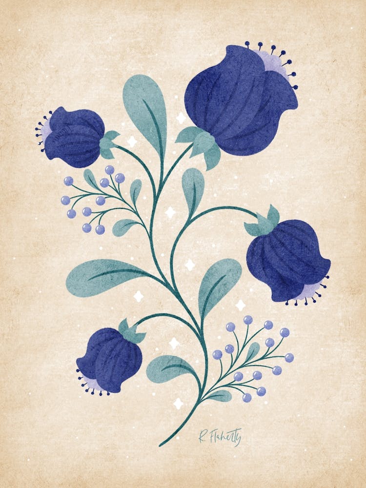 Folk Art Style Blue Anemones