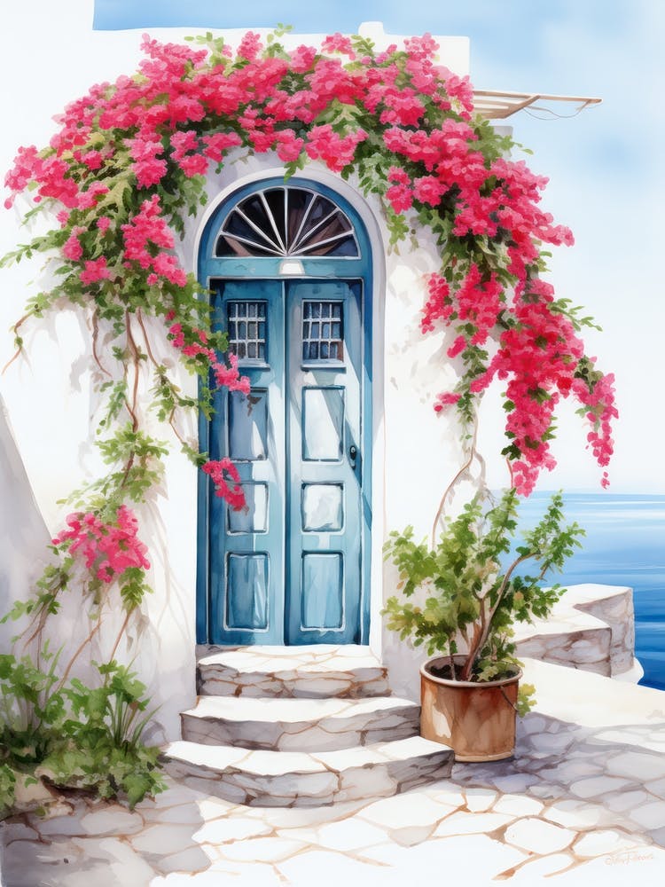 Santorini, Greece   Mediterranean Doors Watercolour Painting 3