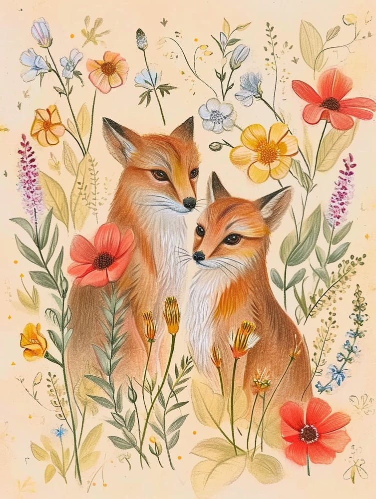 Folkloristische Blumen Tierzeichnung Fuchs 6
