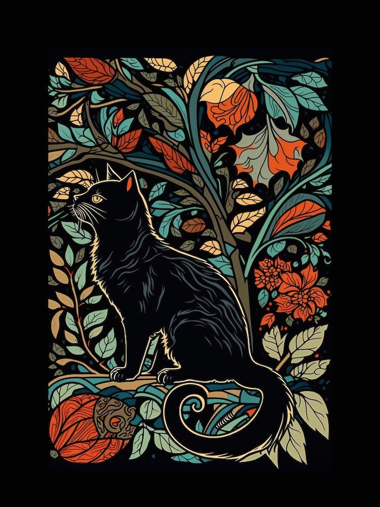 William Morris  Inspired Cats Collection Black Background Leaves