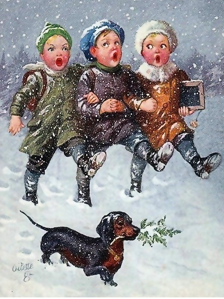 Three Boys Singing Christmas Songs On Snow, With Little Dog In The Front