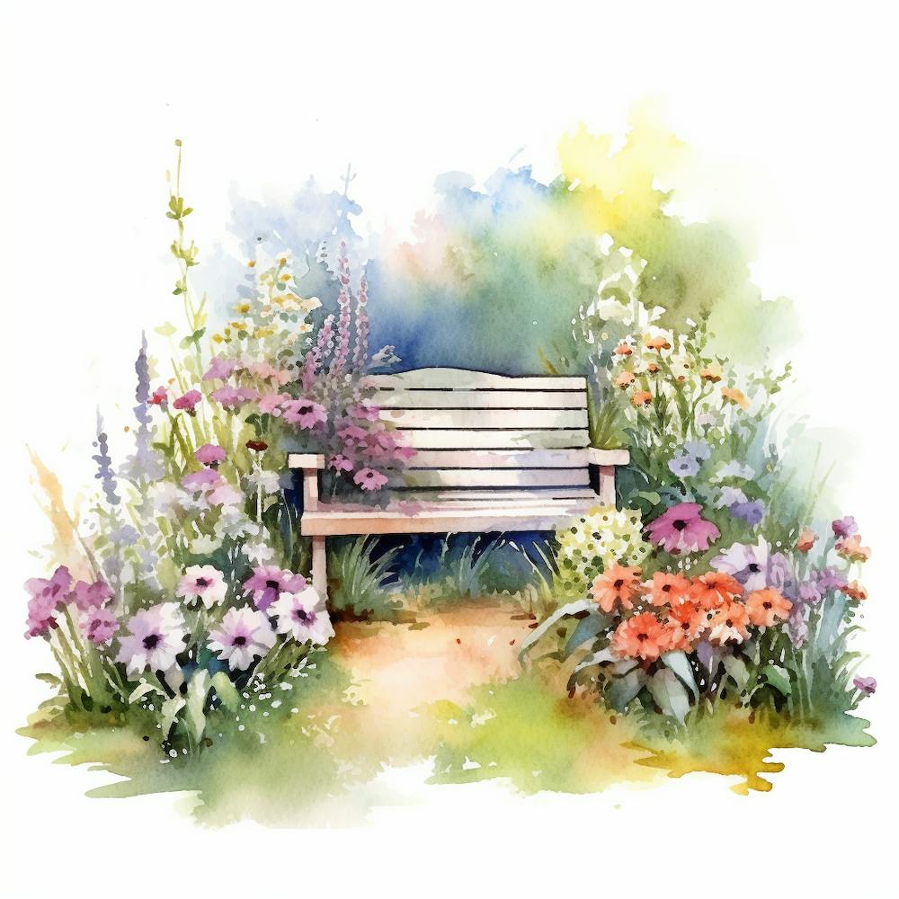 Marion Flower Garden With Bench Watercolor White Background 2890df56 C052 4900 8246 60486e475974