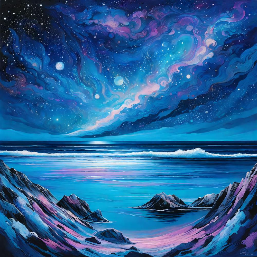 Sea Stars Night Nature Ocean Sky Space Galaxy Night Sky Universe Cosmos Astronomy Moon Digital Art Blue