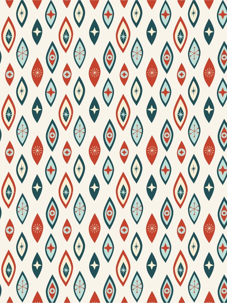 Atomic Age Mcm Abstract Shapes And Stars Pattern Red, Aqua, Dark Teal