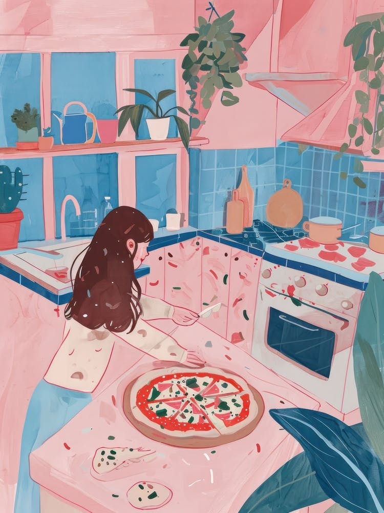 Girl Making A Pizza Lo Fi Kawaii Illustration 3