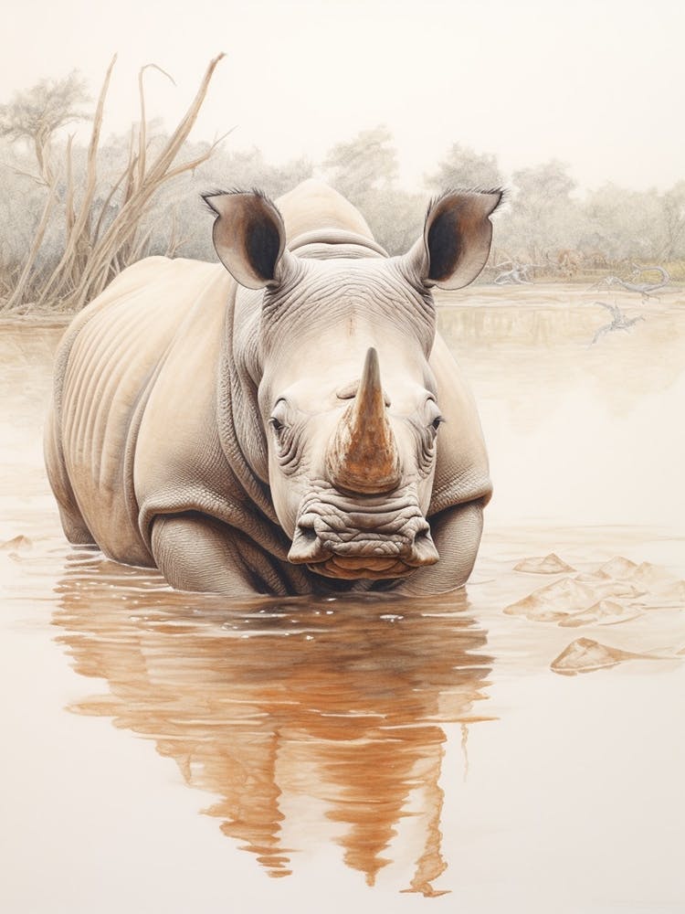 Vintage Illustration Of A Rhino In The Lake  1