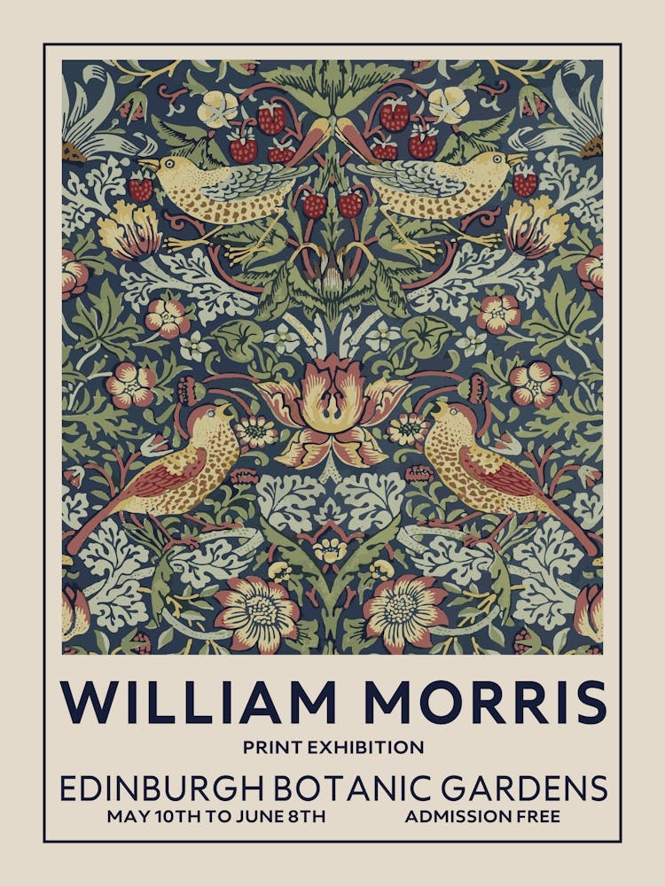 William Morris Mid Century Modern Wall Art Strawberry Thief Bird Print Edinburgh Botanic Gardens Vintage Decor