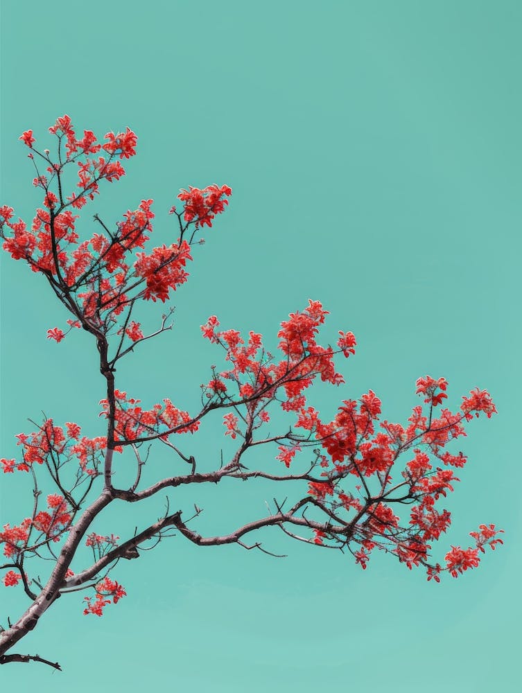 Red Cherry Blossoms Against Blue Sky