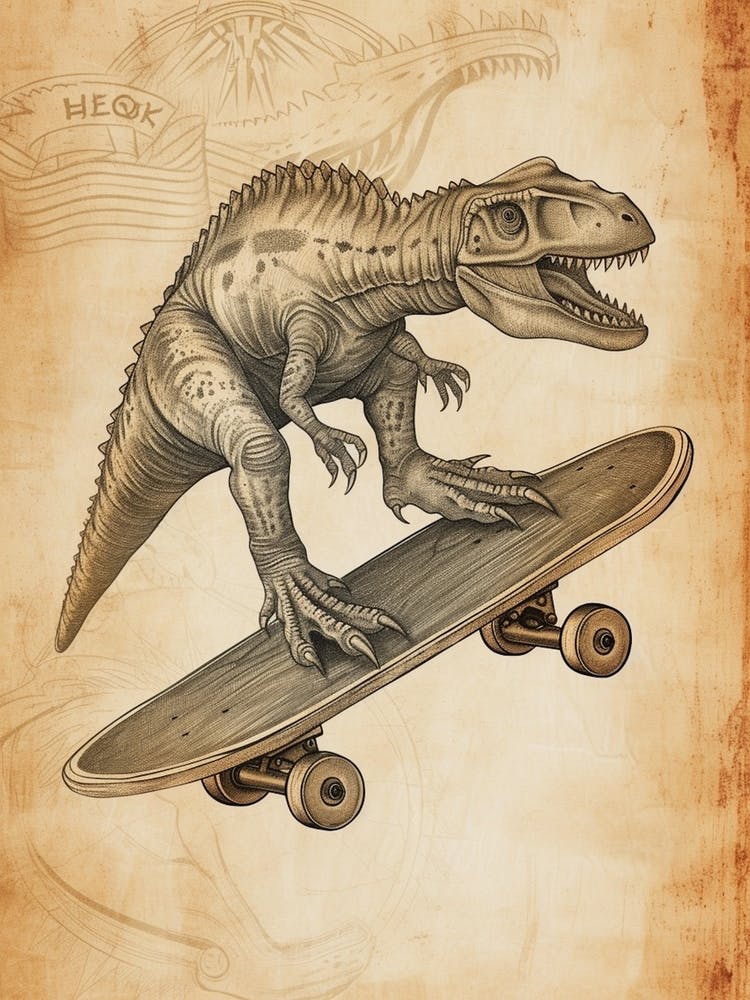 Vintage Camarasaurus Dinosaur On A Skateboard 2