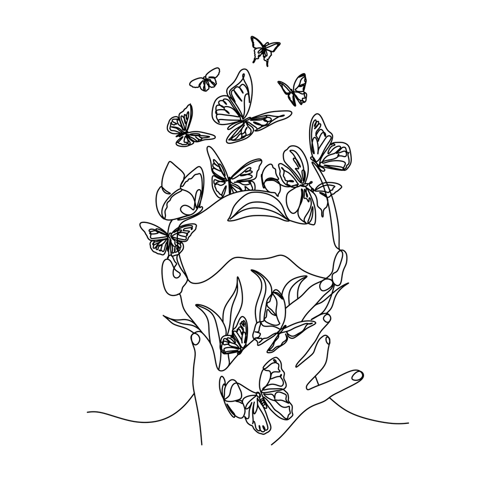 Woman face with butterfly one line drawing 1