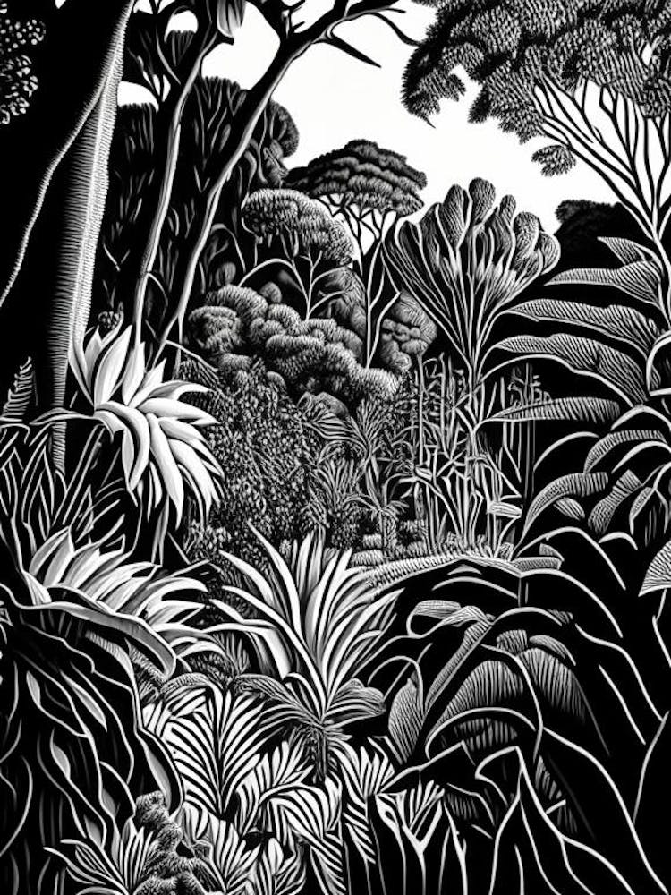 Geelong Botanic Gardens, 1, Australia Linocut Black And White Vintage