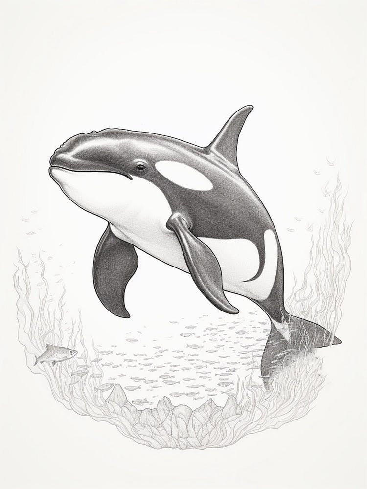 Minimalist Realism Of Orca Whale Pencil Drawing Style