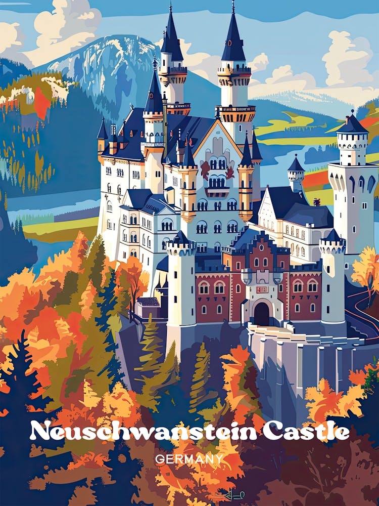 Neuschwanstein Castle Bavaria Digital Travel Illustration