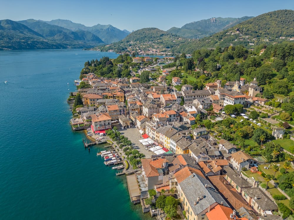 Beautiful city of Orta San Giulia on Lake Orta in Italy. Aerial photography