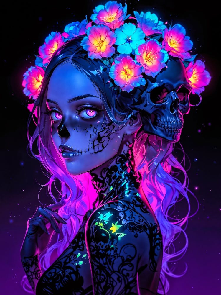 Flower girl from Mexico, La Catrina style. Neon anime girl with skull makeup, celebrating Dia de los Muertos. A beautiful, cute manga woman with Mexican charm.