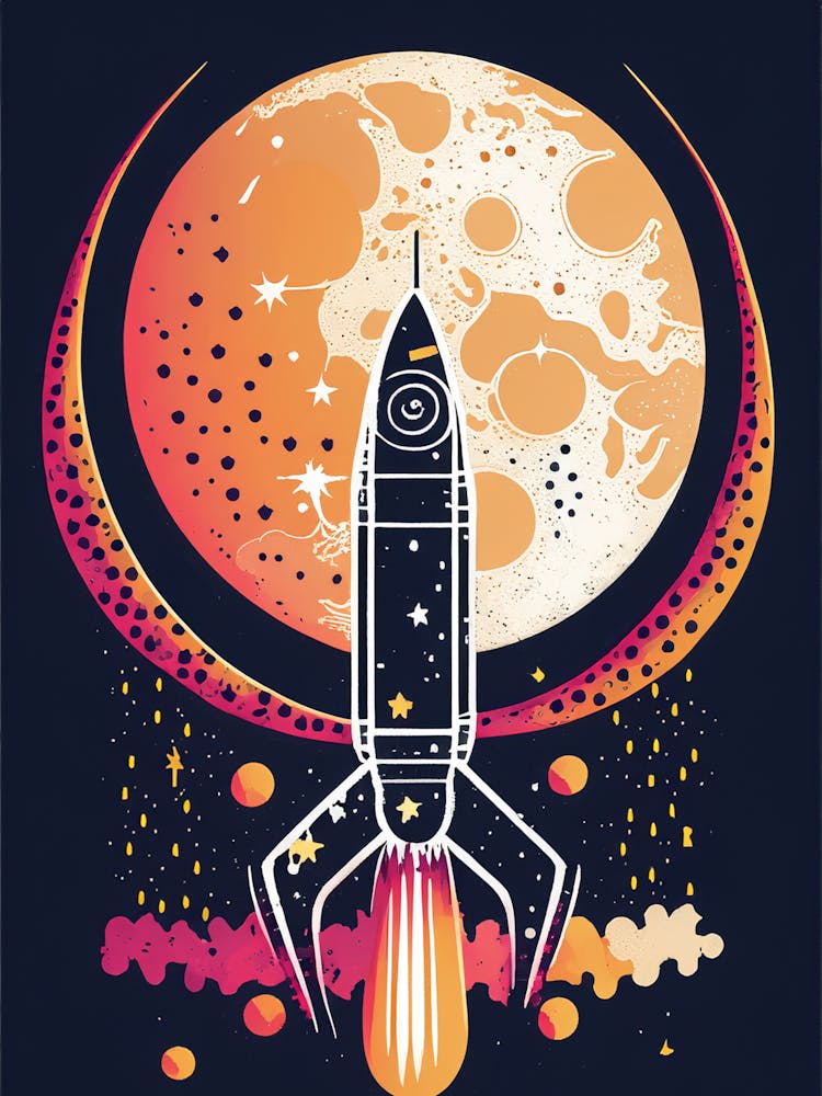 Retro Space Rocket Launch with a Lunar Backdrop