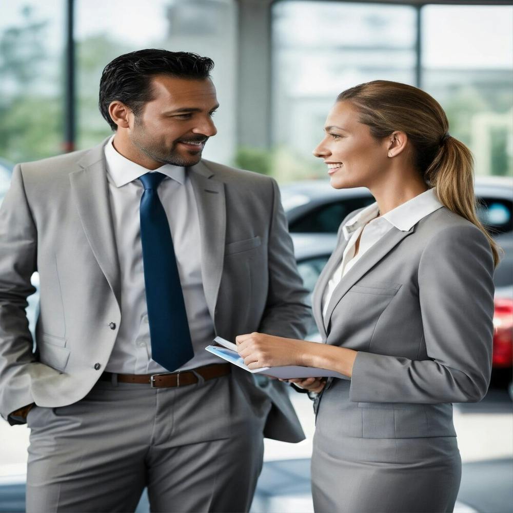 Businessman And Woman Talking In Car Showroom 1