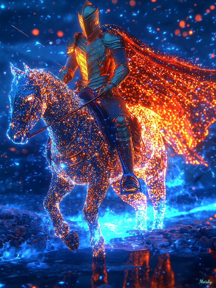 Neon Cyber Knight On A Glowing Horse – Futuristic Poster
