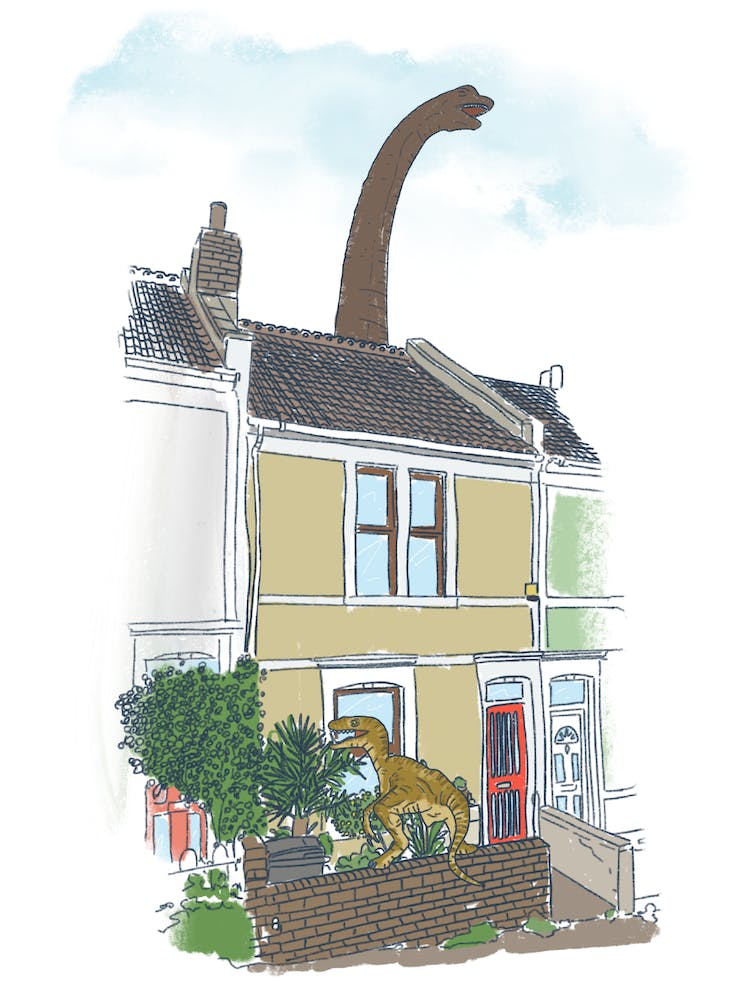 House With A Dinosaur, street scene, illustration, wall art