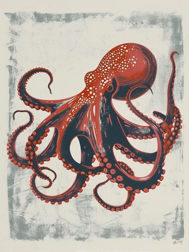 Retro Linocut Inspired Red & Navy Octopus 6