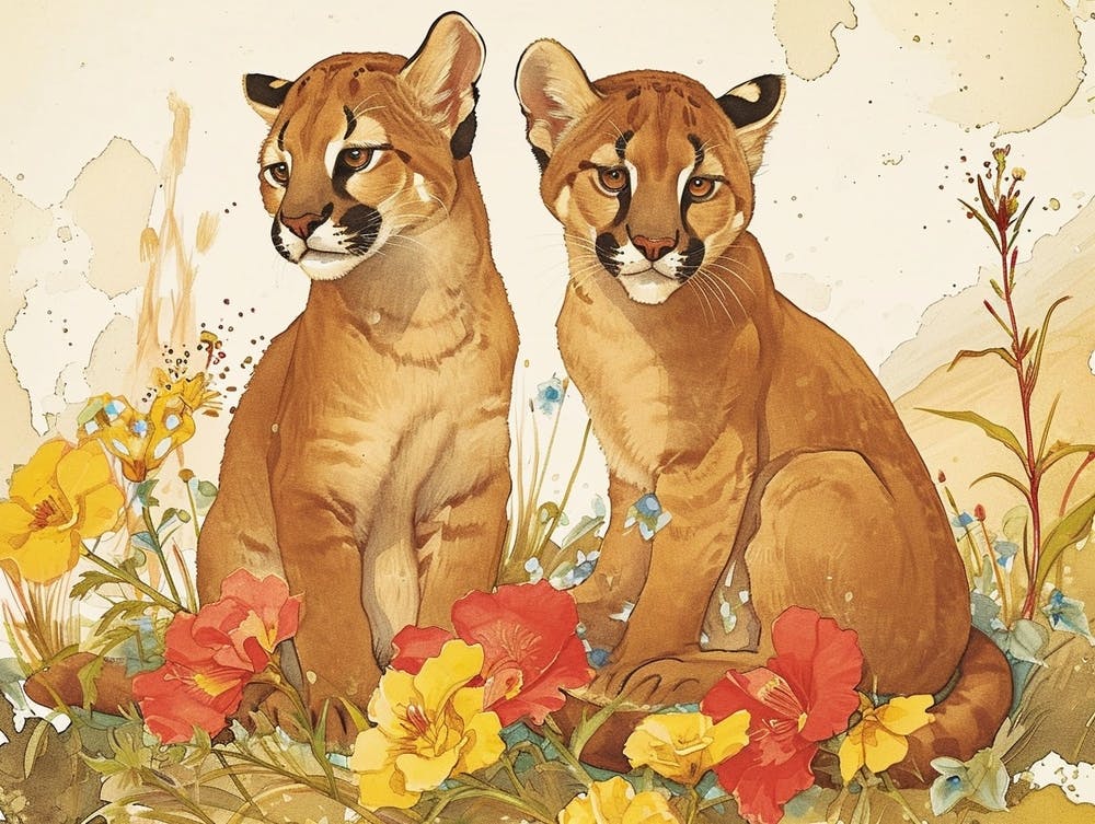 Floral Animal Illustration Cougar 1