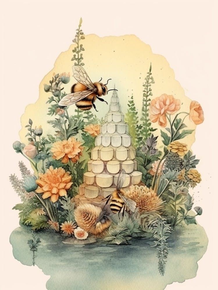 Flowering Plants Bee Beehive Watercolour Illustration 2