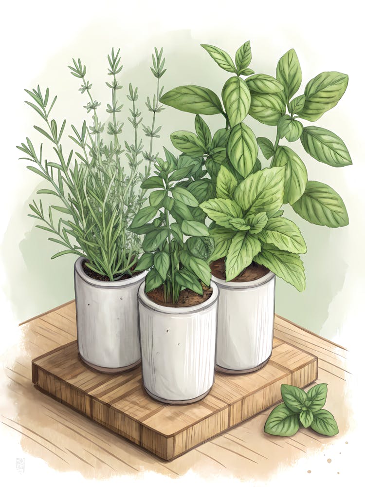 Potted Kitchen Herbs Rosemary, Mint & Basil