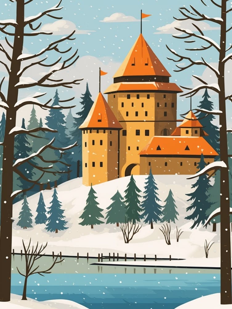 Retro Winter Illustration Trakai Castle Lithuania