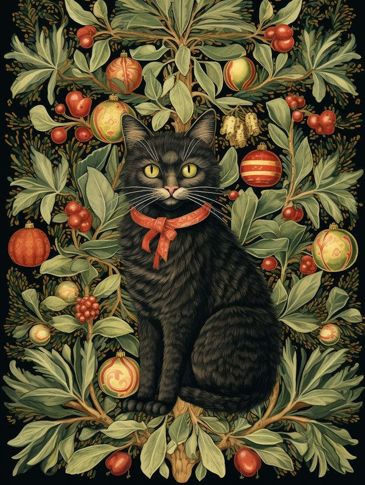 William Morris Style Christmas Cat 1