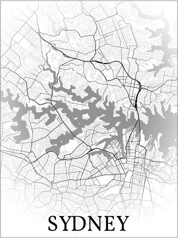 Sydney, New South Wales, Australia, City Map, Black And White Fade Design
